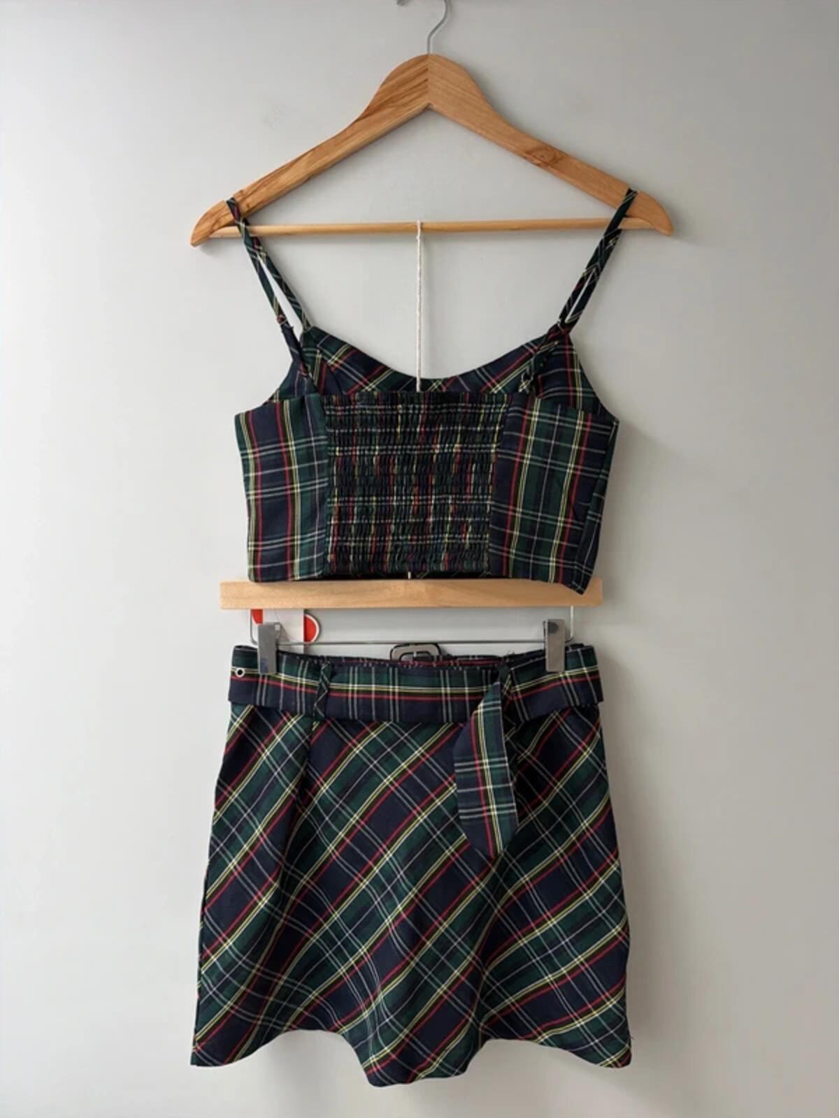 Women’s Cider check 2 piece belted mini skirt and top set - xsmall