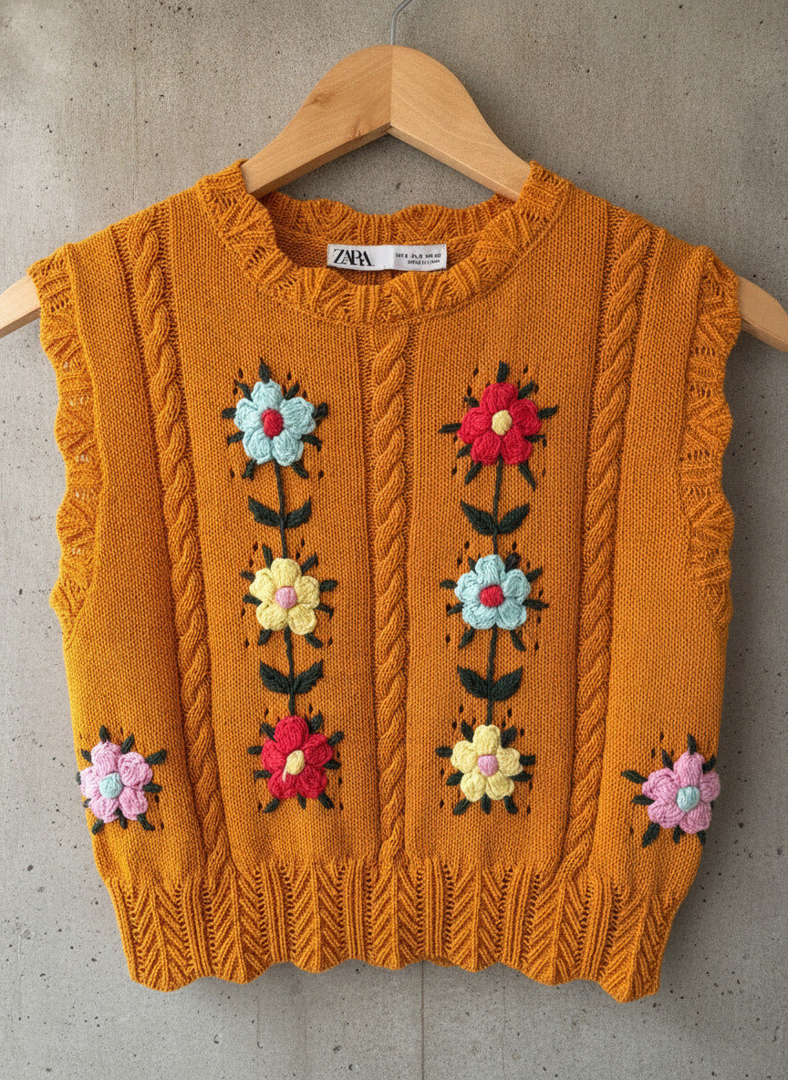 Women’s Zara Knitted Sweater Vest with Floral Embroidery - Small - 3587