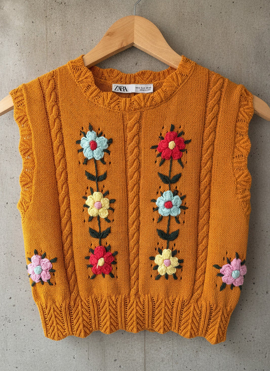 Women’s Zara Knitted Sweater Vest with Floral Embroidery - Small - 3587
