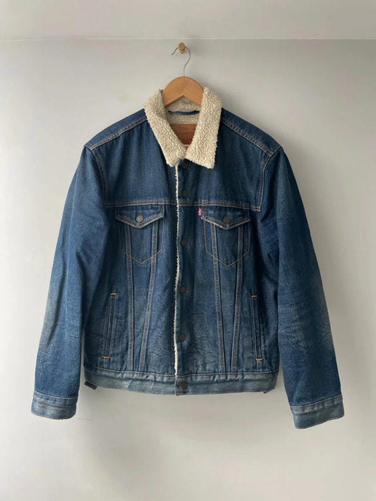 Men's Levi's Denim Trucker Jacket Coat With Borg Lining In Navy - Medium - 2341