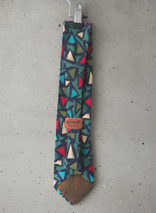 Unisex Missoni Vintage Handmade Silk Tie With Abstract Triangle Pattern - 3838