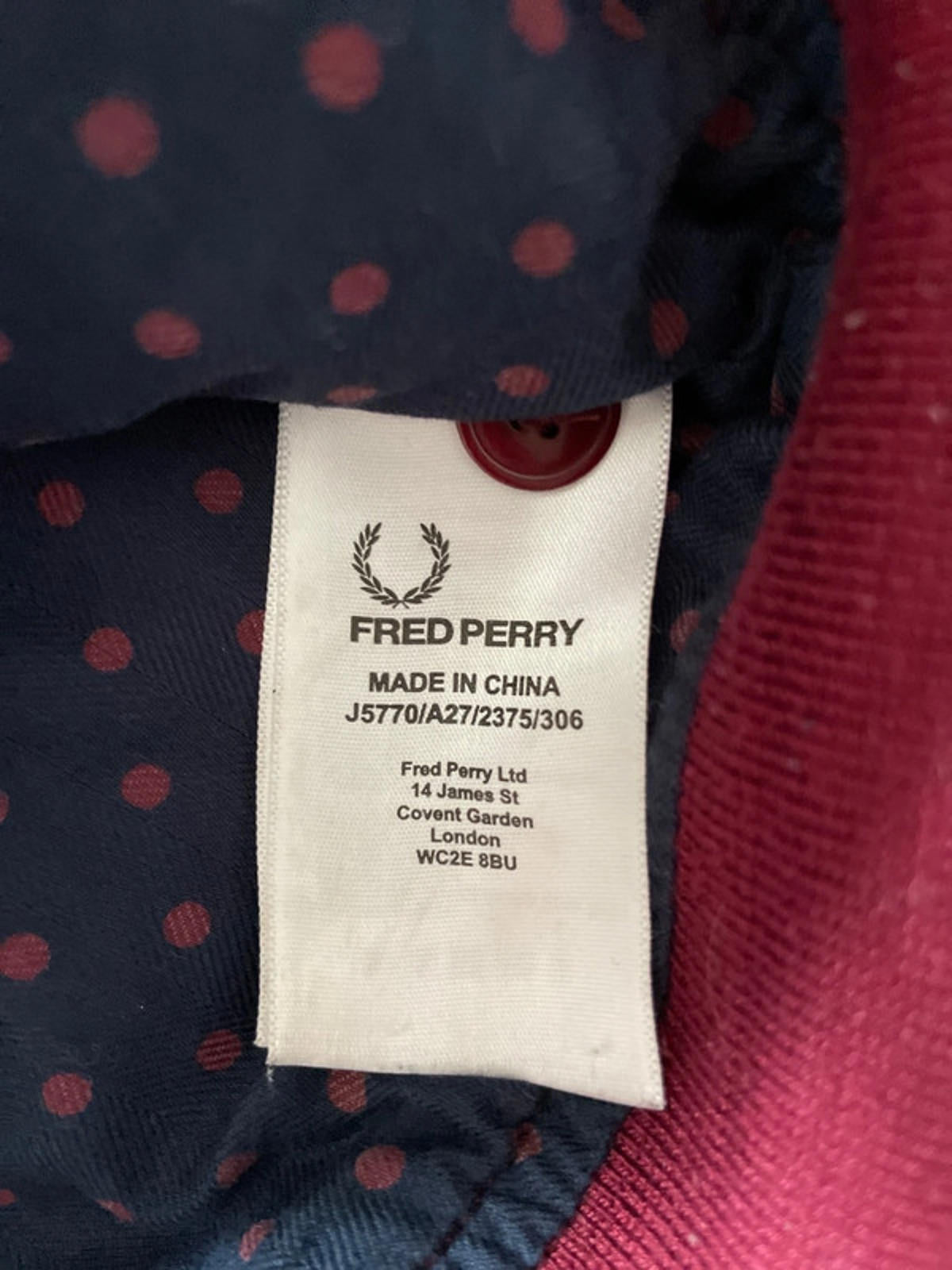 Women’s Fred Perry Harrington Jacket Coat In Burgundy - UK8 - 1995