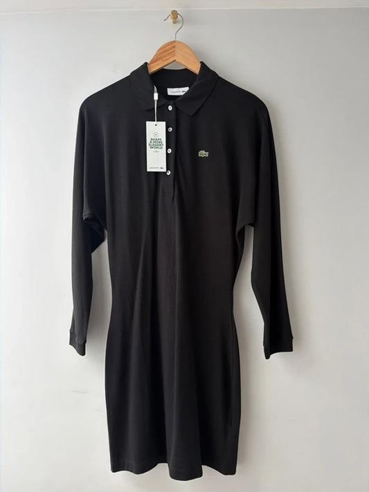 Women’s Lacoste Long Sleeve Fluid Piqué Polo Collar Dress In Black - Small - 3248