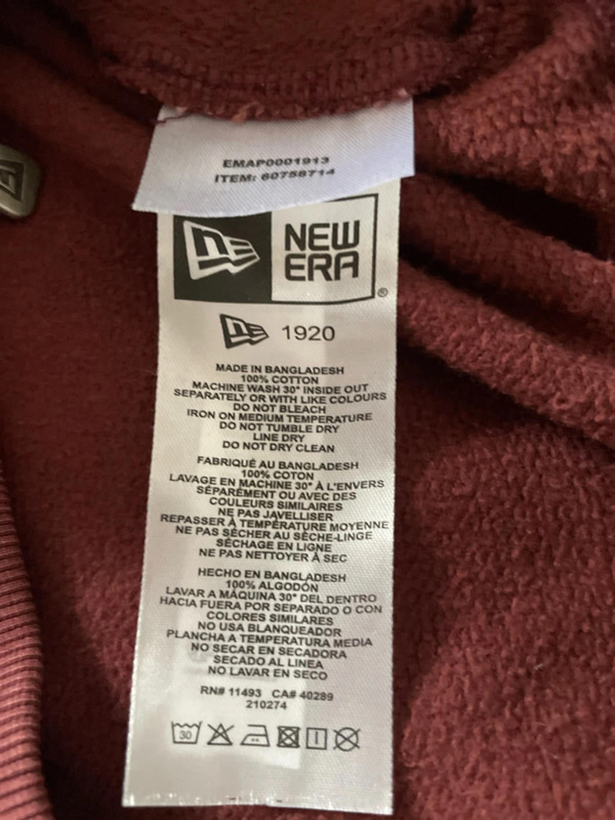 Men’s New Era Oversized Full Zip Hoodie in Washed Burgandy - Medium - 2434