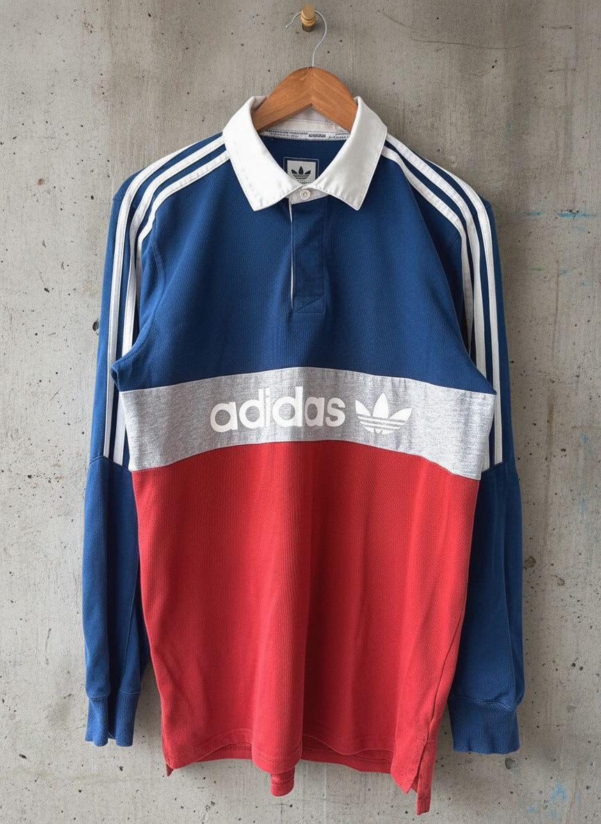 Men’s Adidas Long Sleeve Rugby Polo Shirt In Navy And Red - Medium - 3644