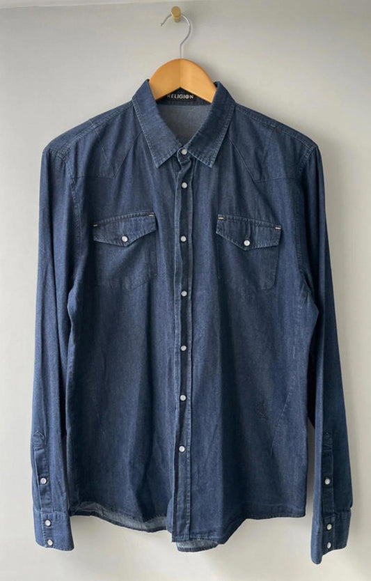 Men’s Religion Slim Fit long sleeve denim shirt with chest pocket - Large - 0041
