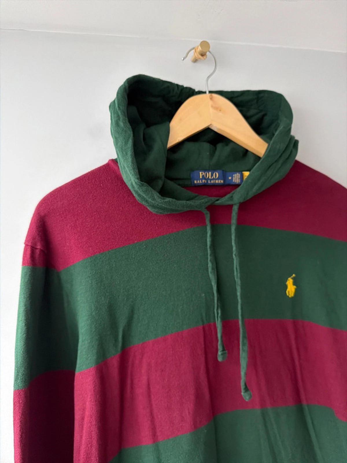 Men’s Ralph Lauren Stripped Hooded Rugby Top In Burgundy/Green - Medium - 2682