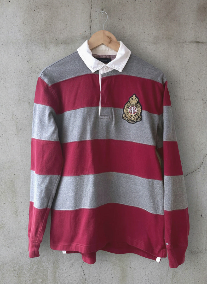 Men’s Tommy Hilfiger Stripped Rugby Polo Top In Grey/Red - Medium - 2533