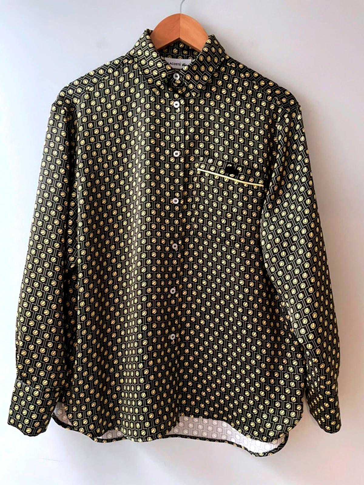Mens Lacoste Regular Fit Printed Satin Shirt In Brown/Cream - Medium -2733