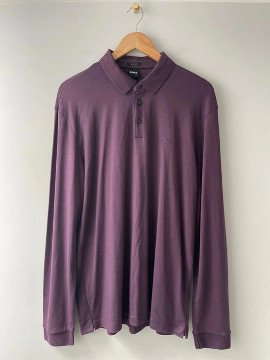 Men’s Hugo Boss Premium Pima Cotton Long Sleeve Polo Top in Purple - XLarge - 2404