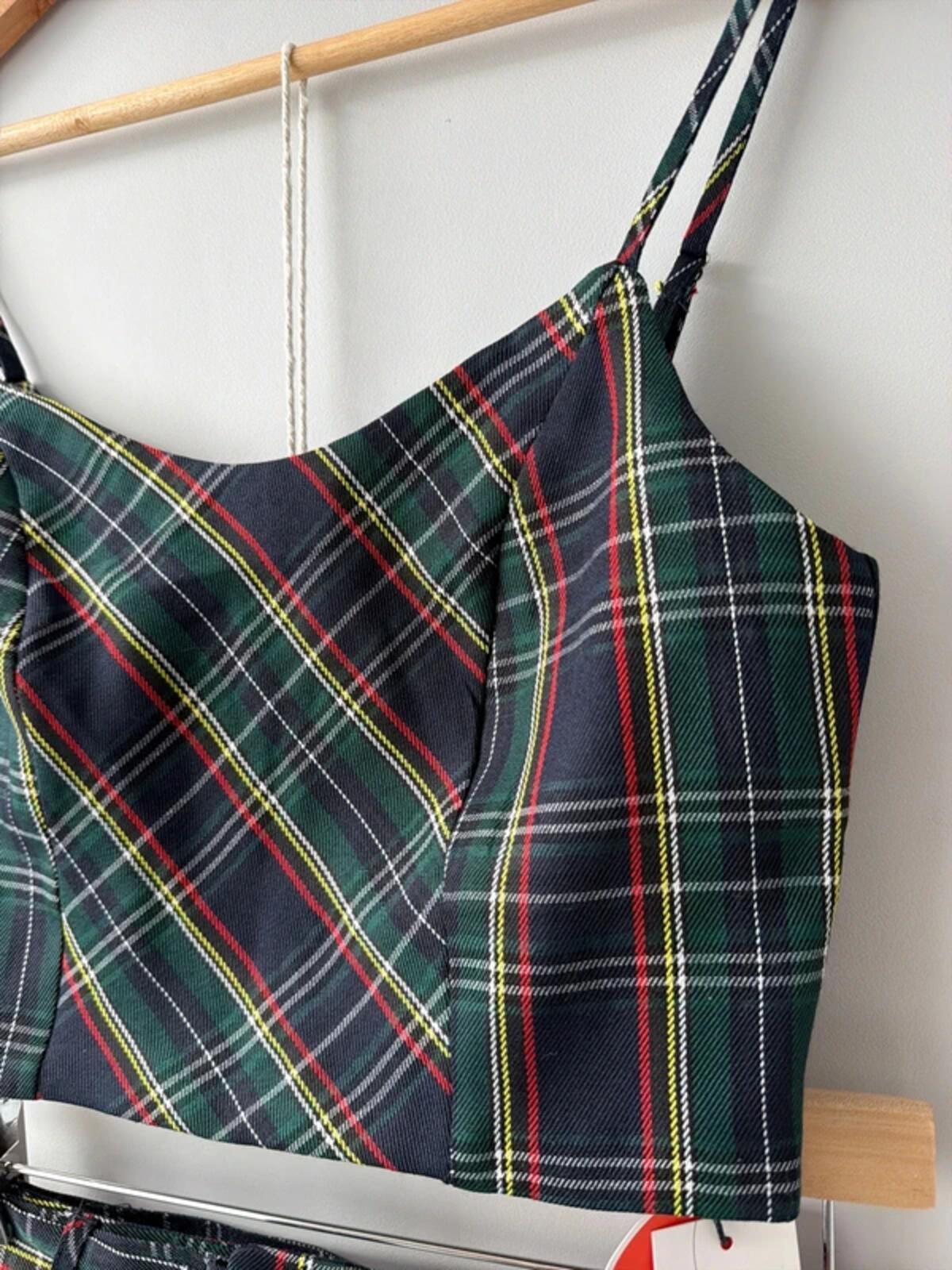 Women’s Cider check 2 piece belted mini skirt and top set - xsmall