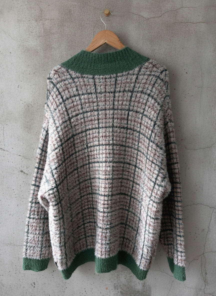 Men’s Kickers Oversized Fit Fluffy Texture Plaid Cardigan - Large - 3813