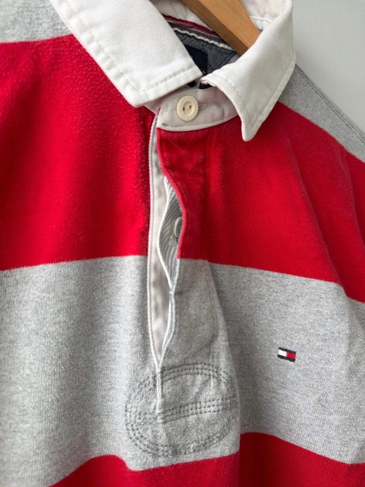 Men’s Tommy Hilfiger stripped long sleeve rugby polo top In red - Large - 3467