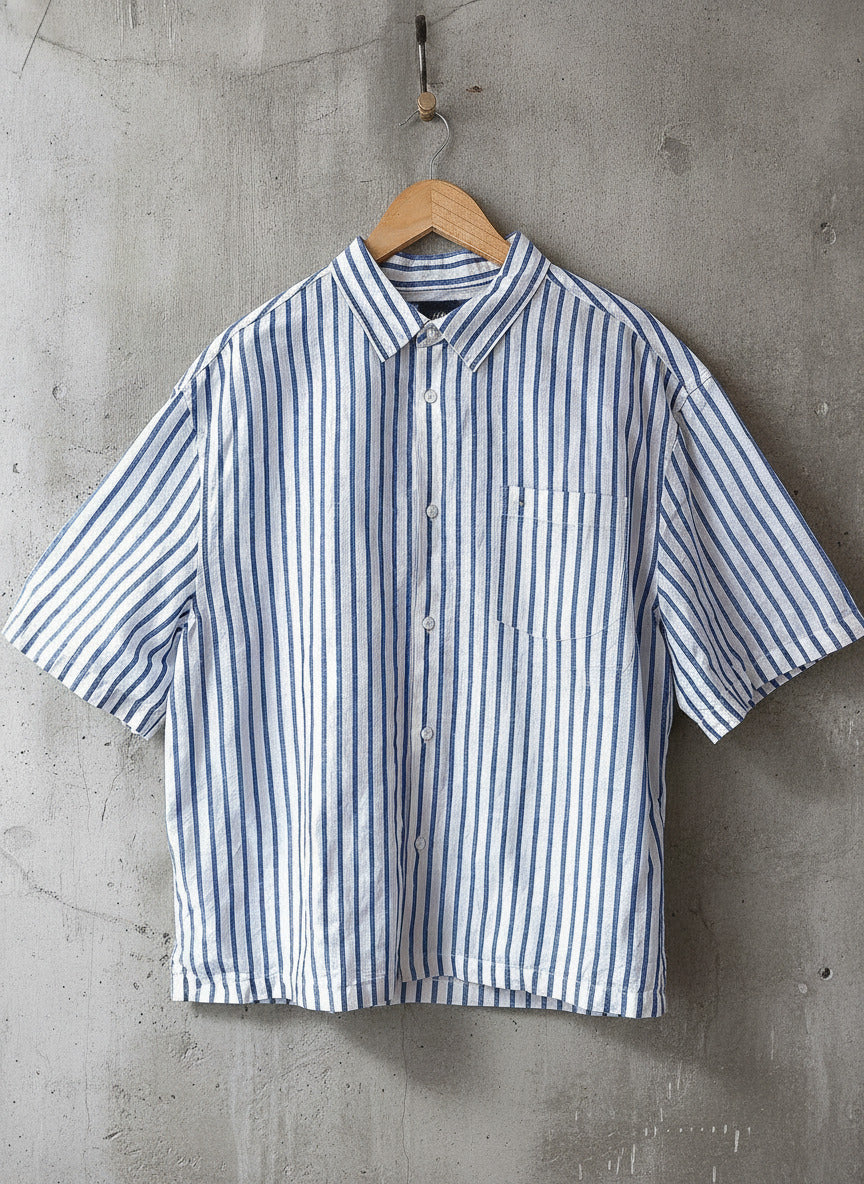 Men’s H&M Boxy Oversized Fit Striped Linen Shirt In Blue - Large - 3640