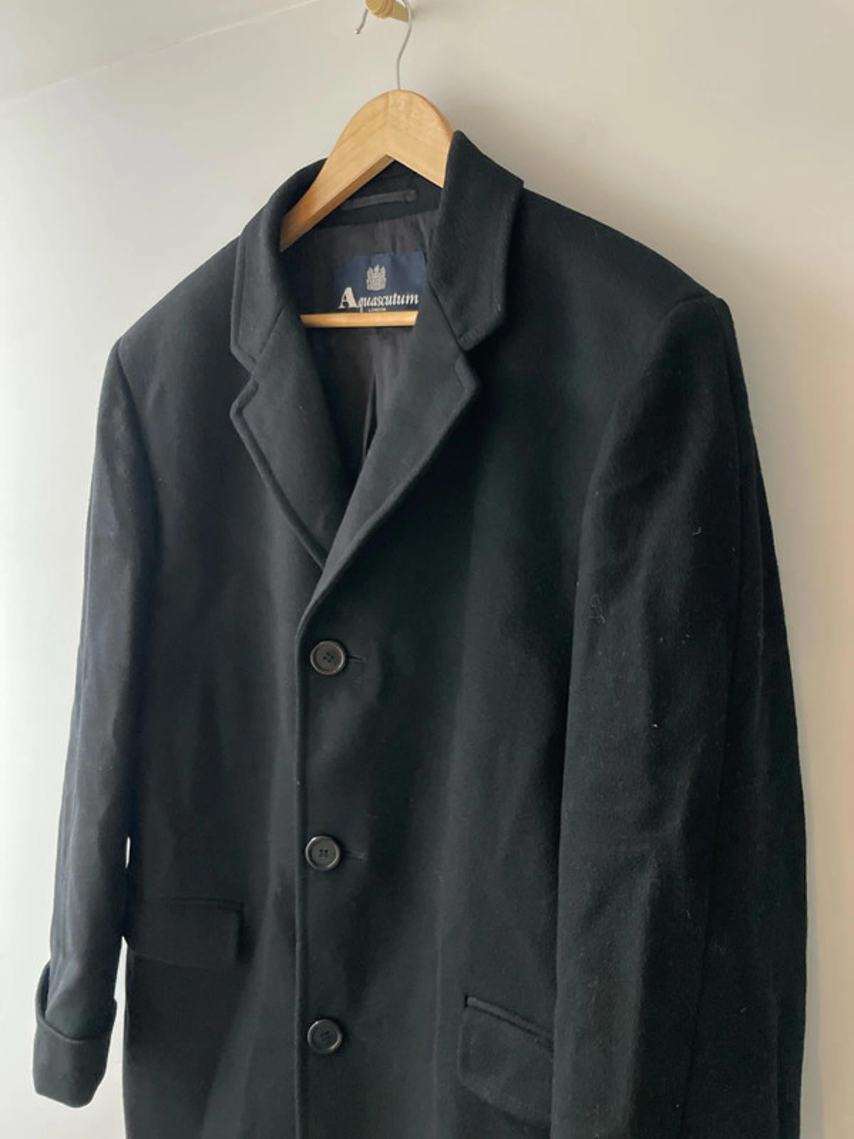 Men’s Aquascutim 100% Wool Single Breasted Trench Coat In Black - Large - 2578