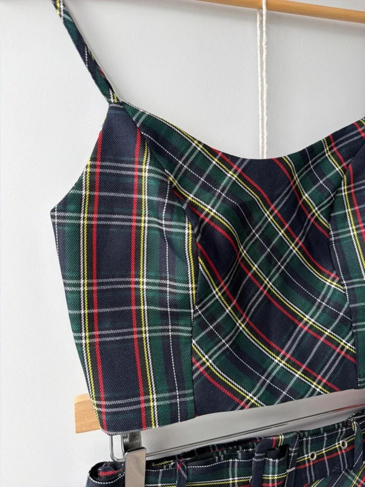 Women’s Cider check 2 piece belted mini skirt and top set - xsmall