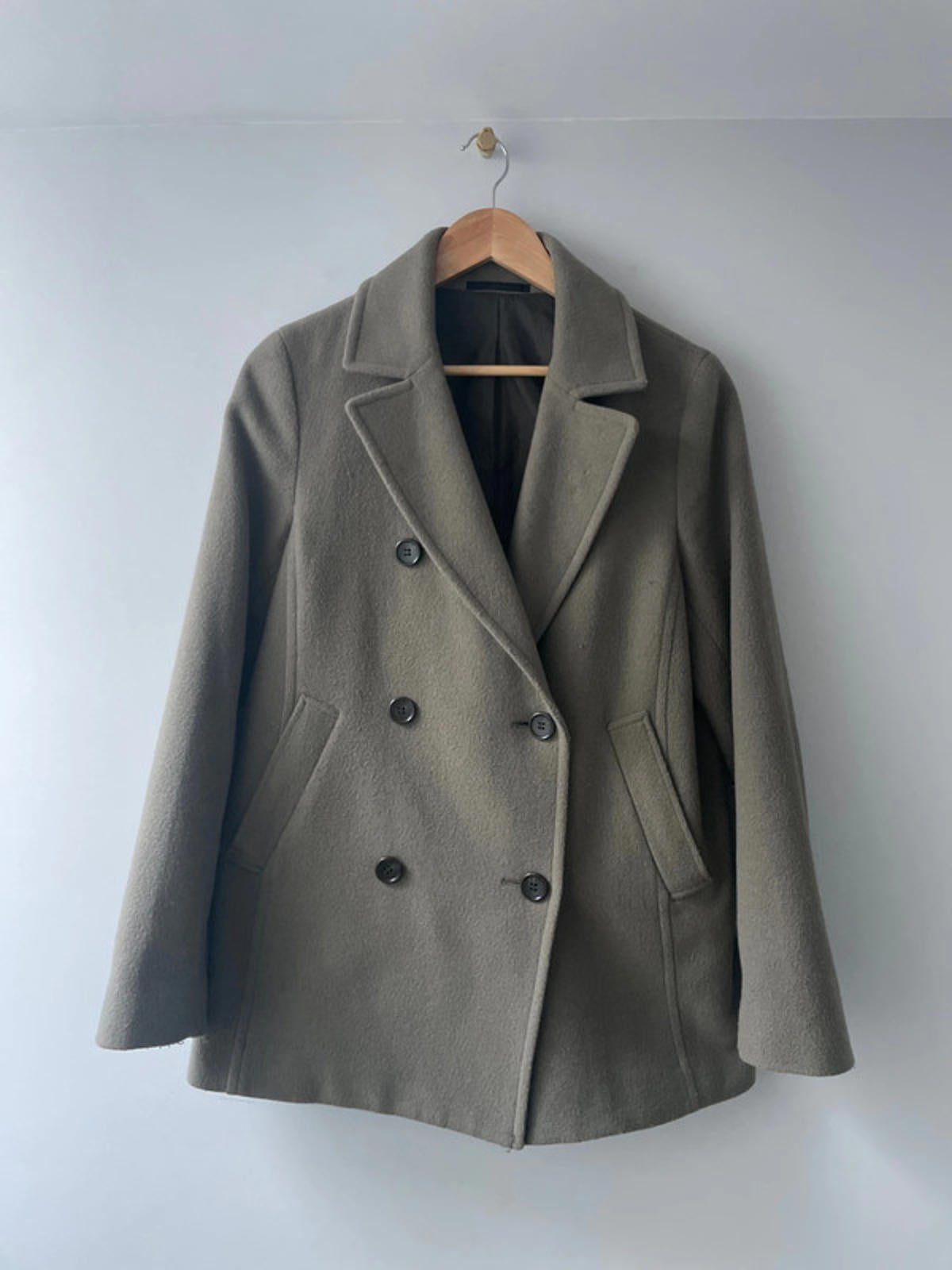 Women’s Uniqlo Double Breasted Wool Jacket Peacoat In Light Khaki - Small - 2566