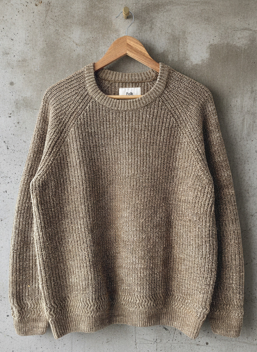 Mens Folk Wool Blend Cable Knit Crew Neck Jumper Top In beige - Medium - 3497
