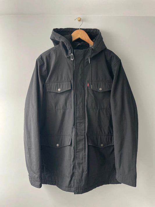 Men’s Levi’s Borg Lined Water Resistant Hooded Parka Jacket In Black - Large - 2399