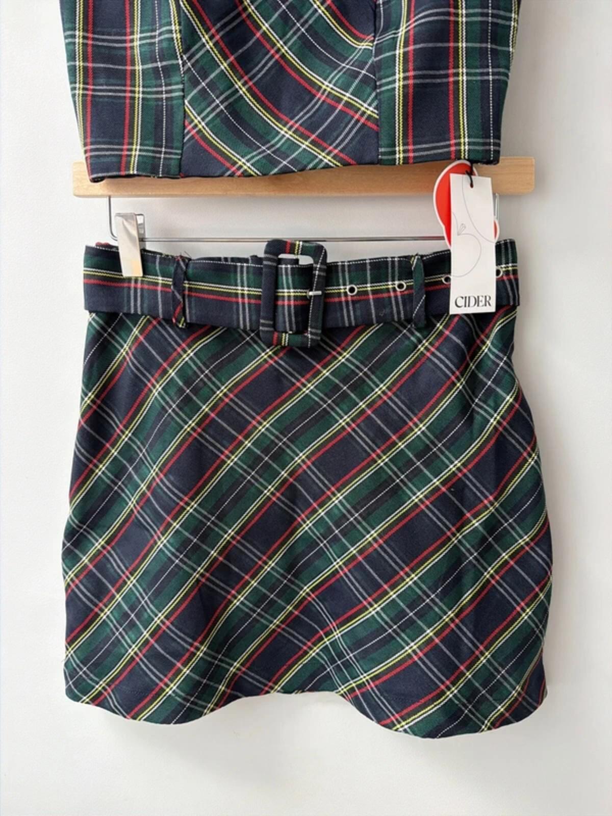 Women’s Cider check 2 piece belted mini skirt and top set - xsmall