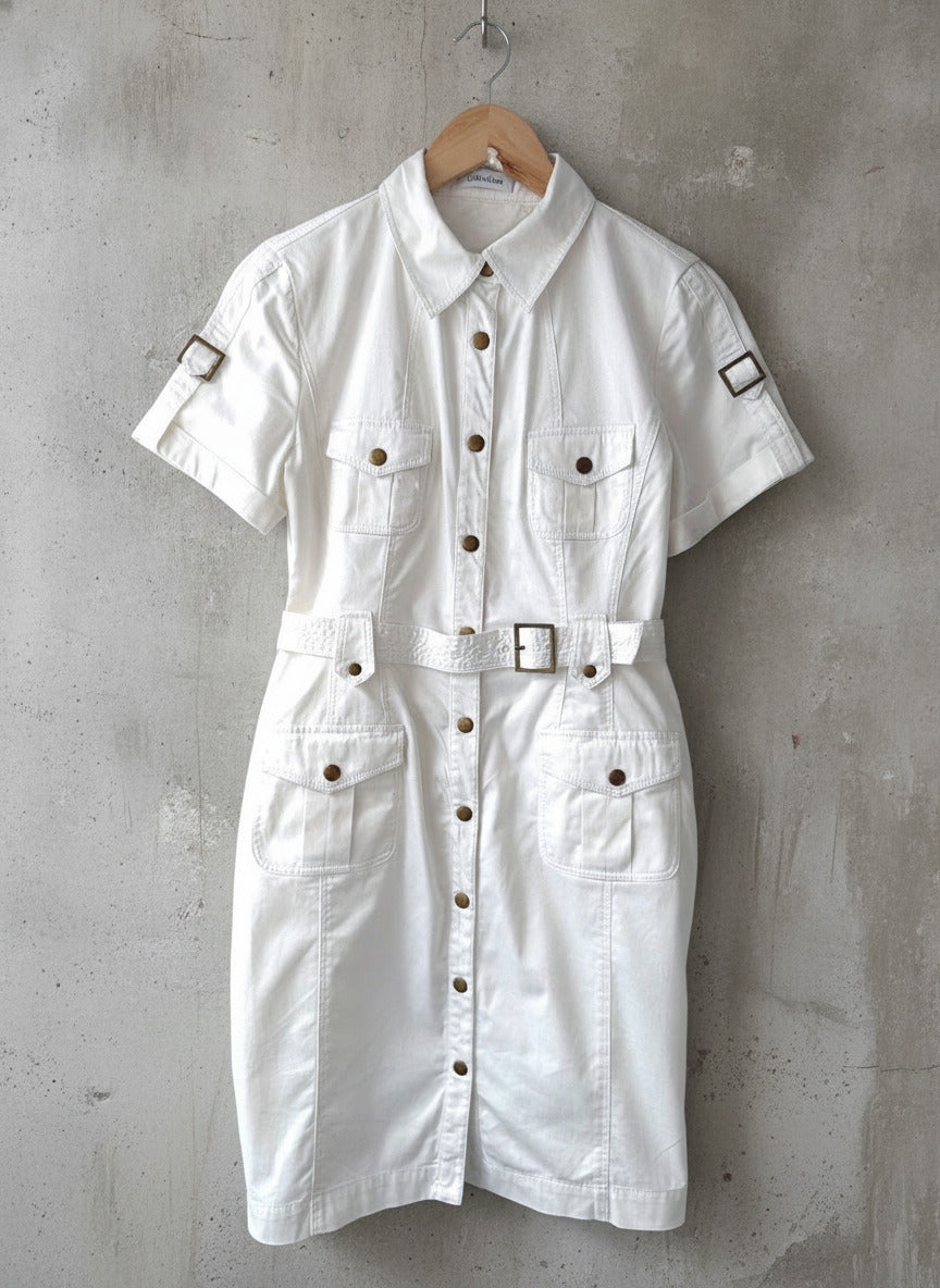 Women’s Calvin Klein Utility Belted Shirt Dress In Off White - Uk12 - 3634