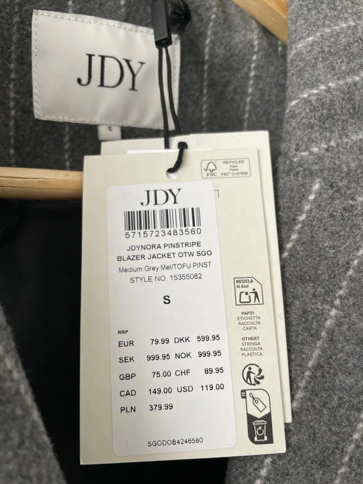 Women’s JDY Pine stripe 100% Wool Oversized Blazer Jacket In Grey - Small - 2331