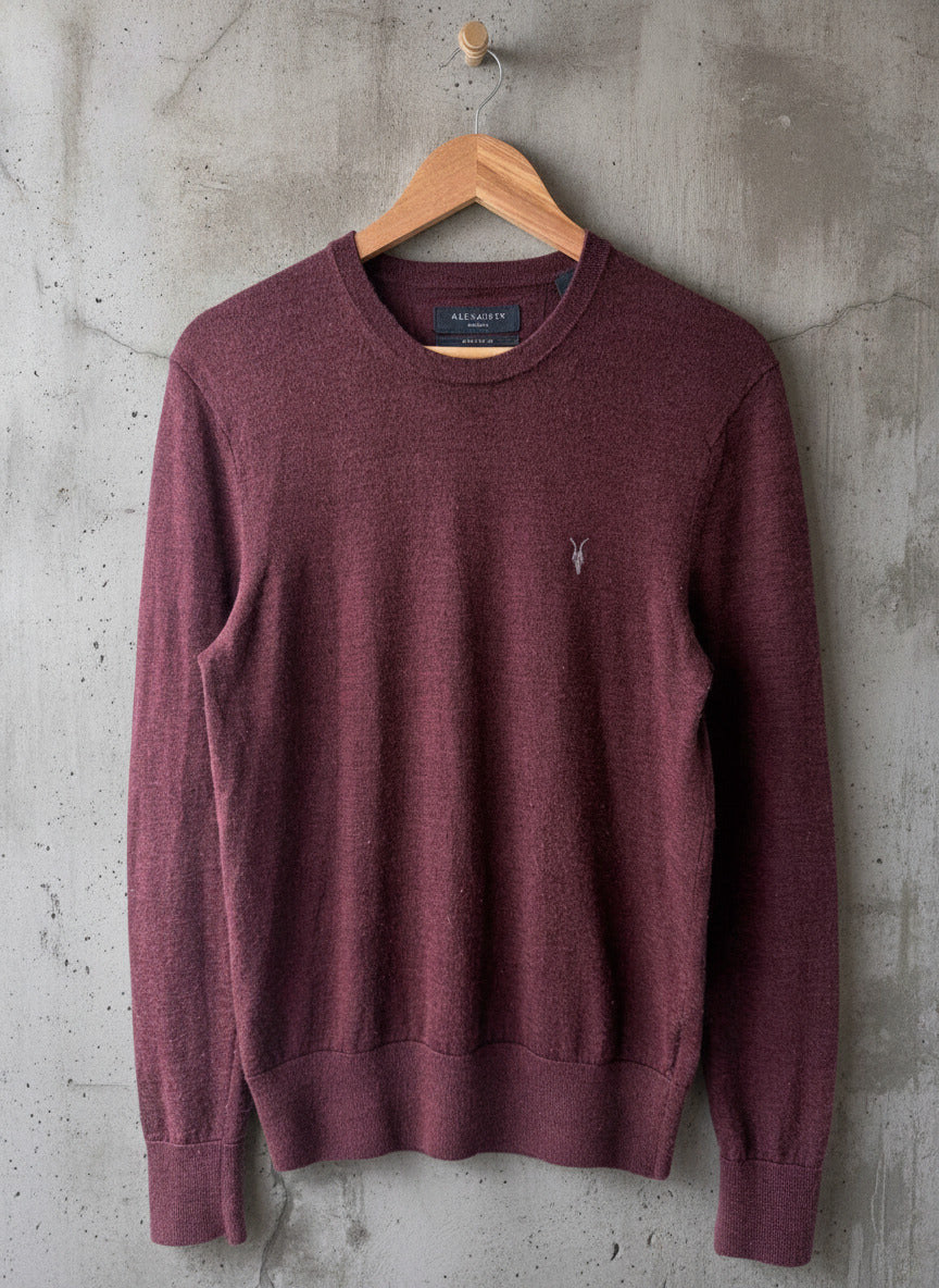 Mens AllSaints Slim Fit 100% Merino Wool Crewneck Jumper In Burg - Medium - 3508