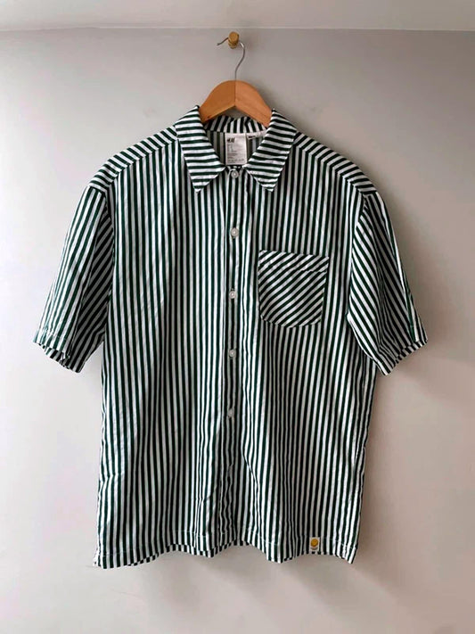 Men’s H&M X Smiley Colab Striped Short Sleeve Shirt in Green/White - Small -2935
