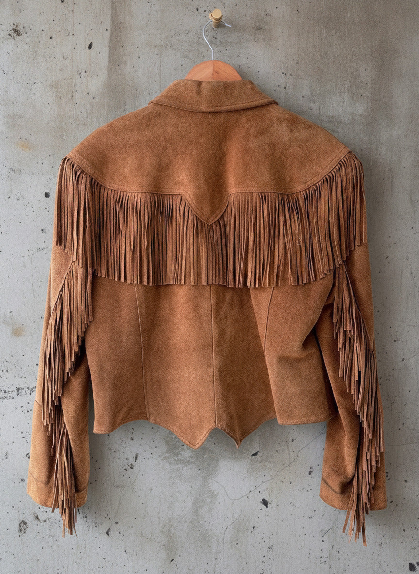 Womens Pioneer Wear Vintage Premium Genuine Leather Fringe Jacket In Tan - Uk10 - 3606