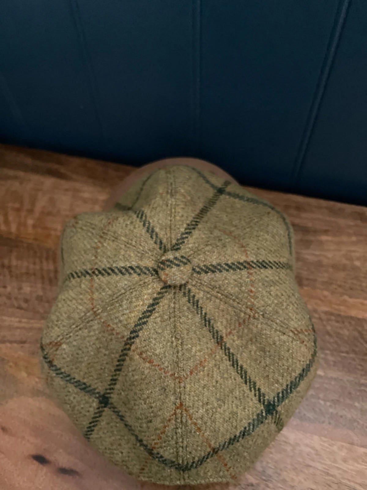 Unisex Olney Wool Tweed Checked & Suede Peak Cap In Green - Large - 2862