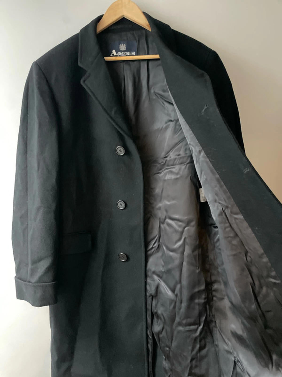 Men’s Aquascutim 100% Wool Single Breasted Trench Coat In Black - Large - 2578