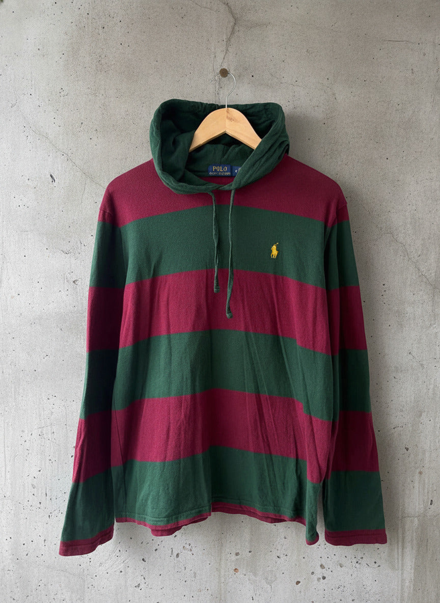 Men’s Ralph Lauren Stripped Hooded Rugby Top In Burgundy/Green - Medium - 2682