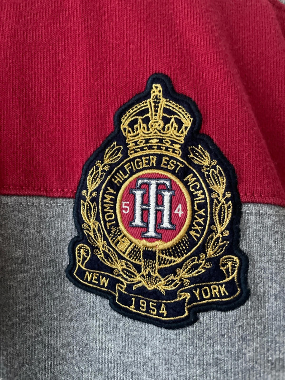 Men’s Tommy Hilfiger Stripped Rugby Polo Top In Grey/Red - Medium - 2533