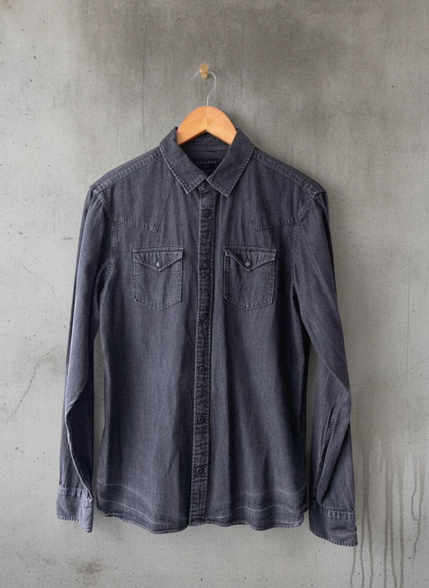 Men’s Allsaints Western Style Washed Denim Chambray Shirt In Black - Small - 1968