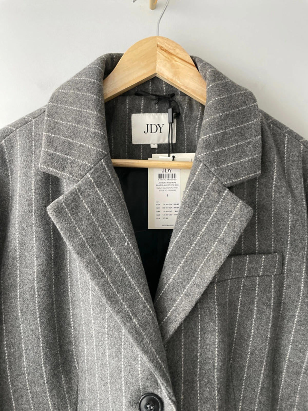 Women’s JDY Pine stripe 100% Wool Oversized Blazer Jacket In Grey - Small - 2331