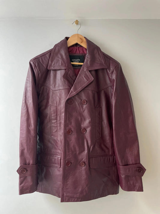 Men’s Infinity Premium Leather Peacoat Jacket In Burgundy - Medium - 2498
