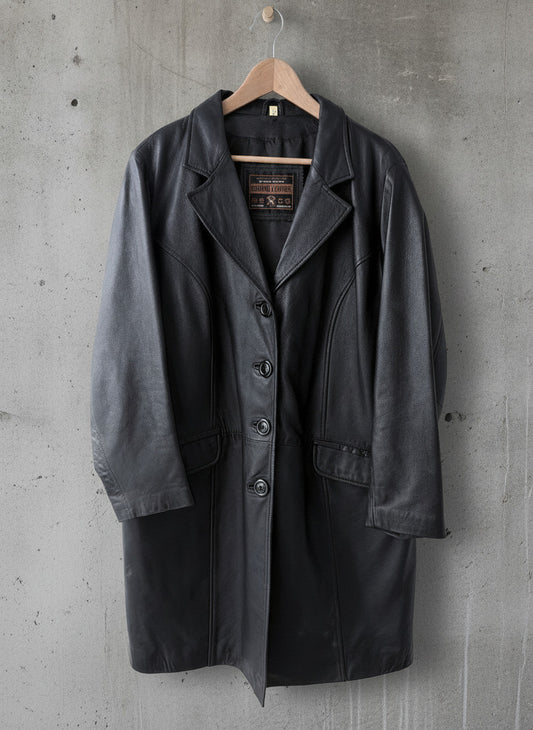 Women’s Premium Soft Leather Longline Overcoat Jacket In Black - UK16 - 3766