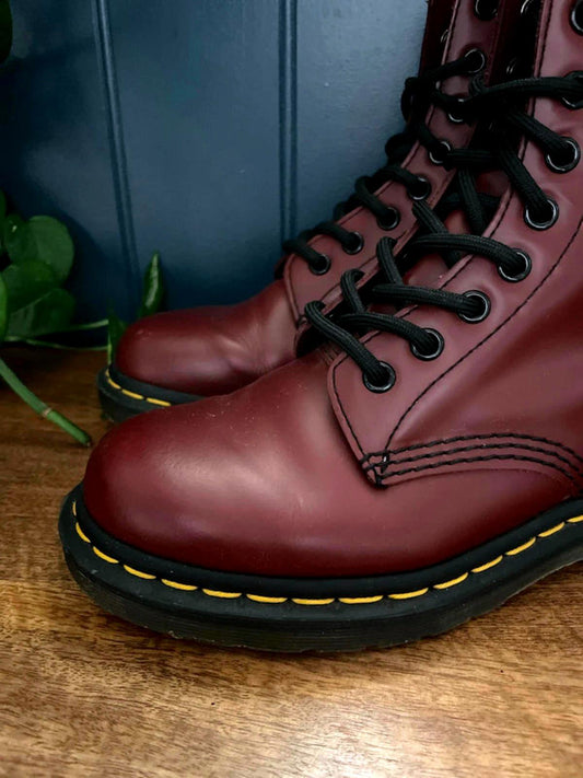 Women’s Dr Martens 1460 Mid Calf Leather Lace Up Boots In Burgandy - UK4 - 2165