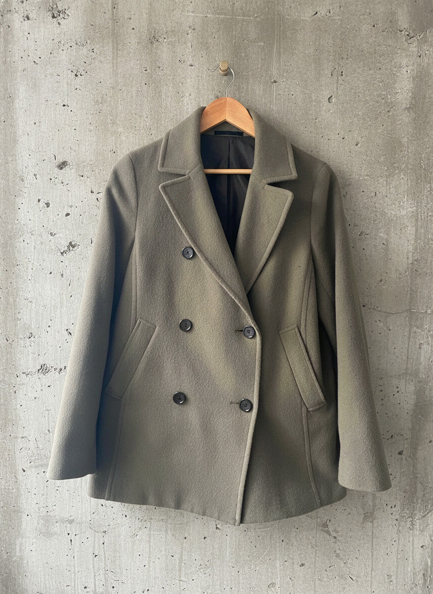 Women’s Uniqlo Double Breasted Wool Jacket Peacoat In Khaki - Small - 2566