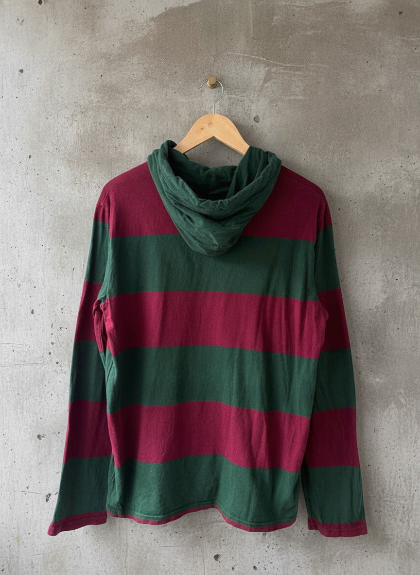 Men’s Ralph Lauren Stripped Hooded Rugby Top In Burgundy/Green - Medium - 2682