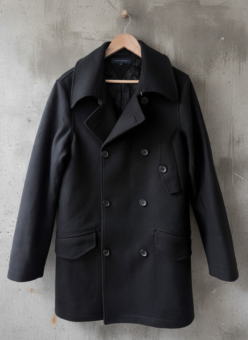 Men’s Tommy Hilfiger Wool Double Breasted Peacoat Jacket In Black - Medium -3805