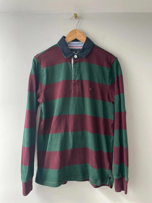 Men’s Tommy Hilfiger Long Sleeve Stripped Rugby Polo Top In Burgundy - Medium - 2001