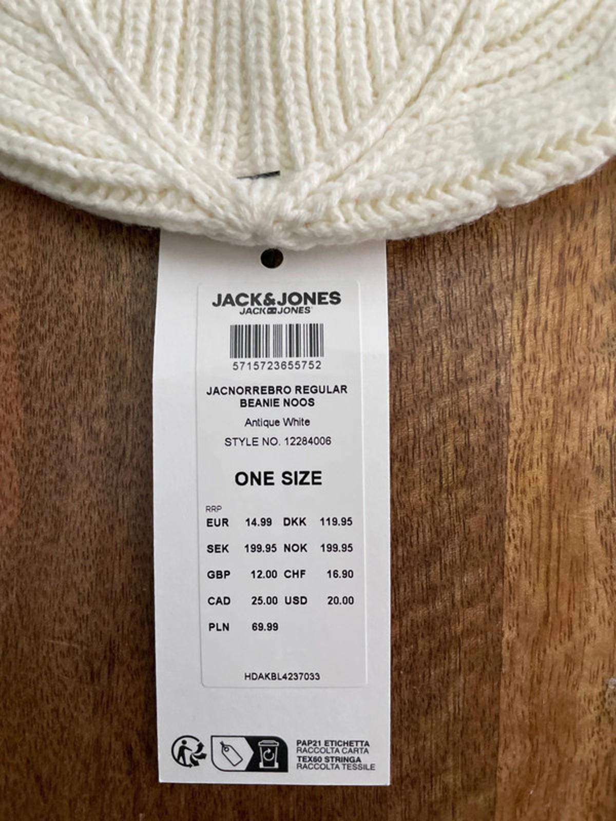 Mens Jack & Jones Original Studio Beanie Hat In Cream - One Size - 2228