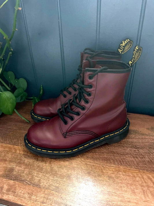 Women’s Dr Martens 1460 Mid Calf Leather Lace Up Boots In Burgandy - UK4 - 2165