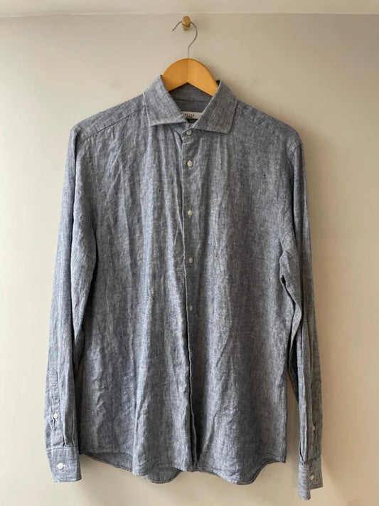 Men’s Reiss 100% Slub Linen Long Sleeve Shirt in Blue - Large - 2928