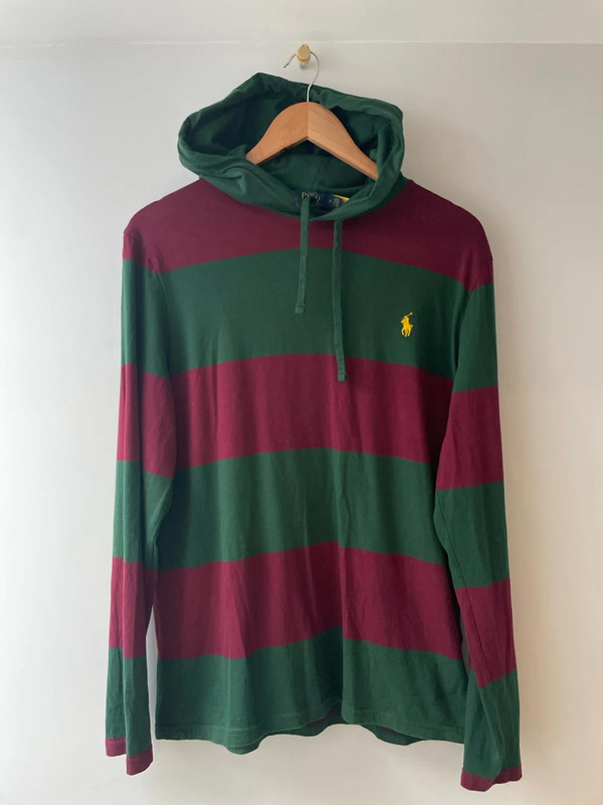 Men’s Ralph Lauren Stripped Hooded Rugby Shirt Top In Burgundy/Green - Medium - 2532