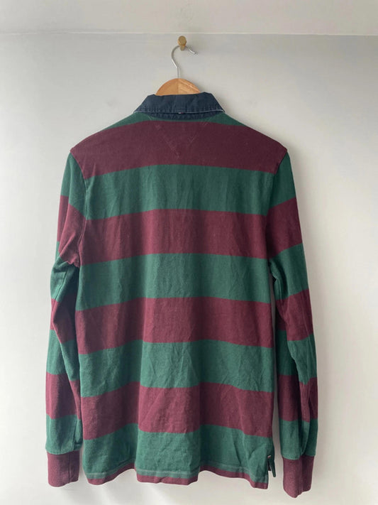 Men’s Tommy Hilfiger Long Sleeve Stripped Rugby Polo Top In Burgundy - Medium - 2001
