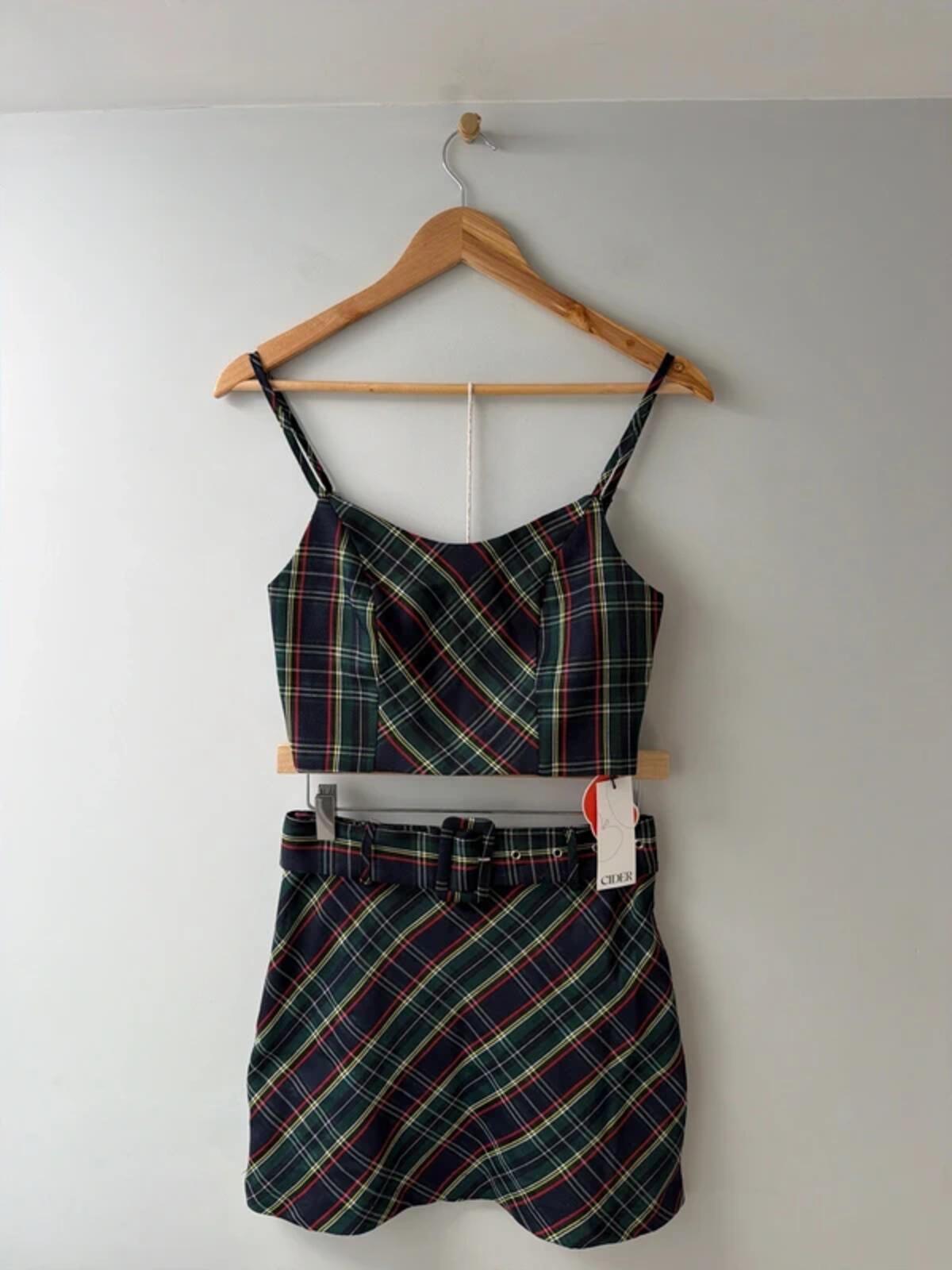 Women’s Cider check 2 piece belted mini skirt and top set - xsmall
