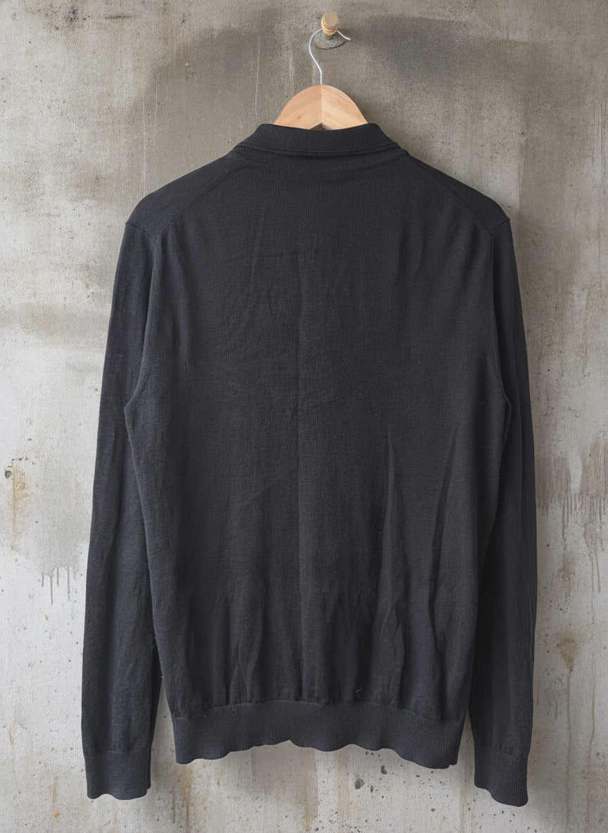 Men’s Reiss Premium Merino Wool Long Sleeve Polo Shirt Top In Black - Medium - 3646