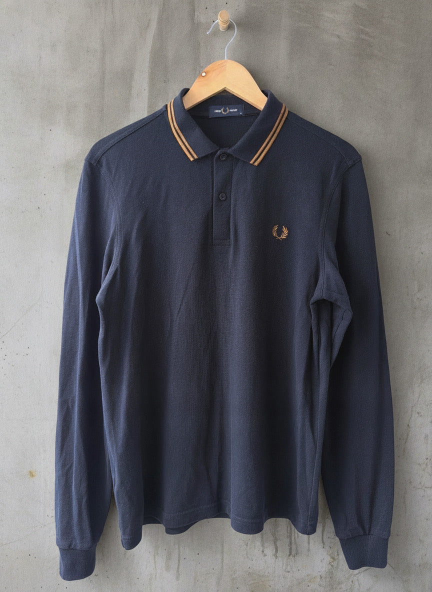 Men’s Fred Perry Long Sleeve Polo Shirt Top In Navy - Medium - 3645